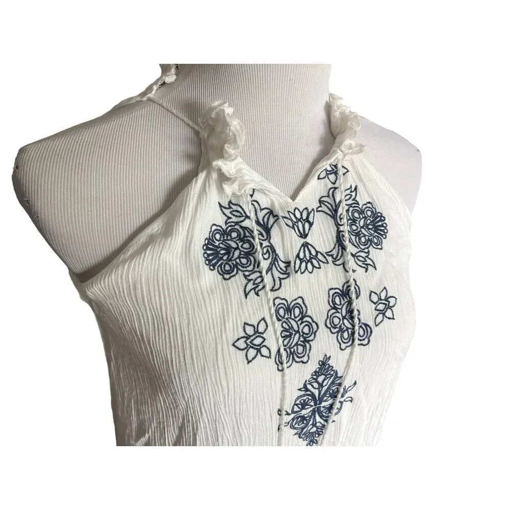 Womens Anthropologie Love Tree Boho Crinkle Embroidered Airy Tassel Tank Top - M